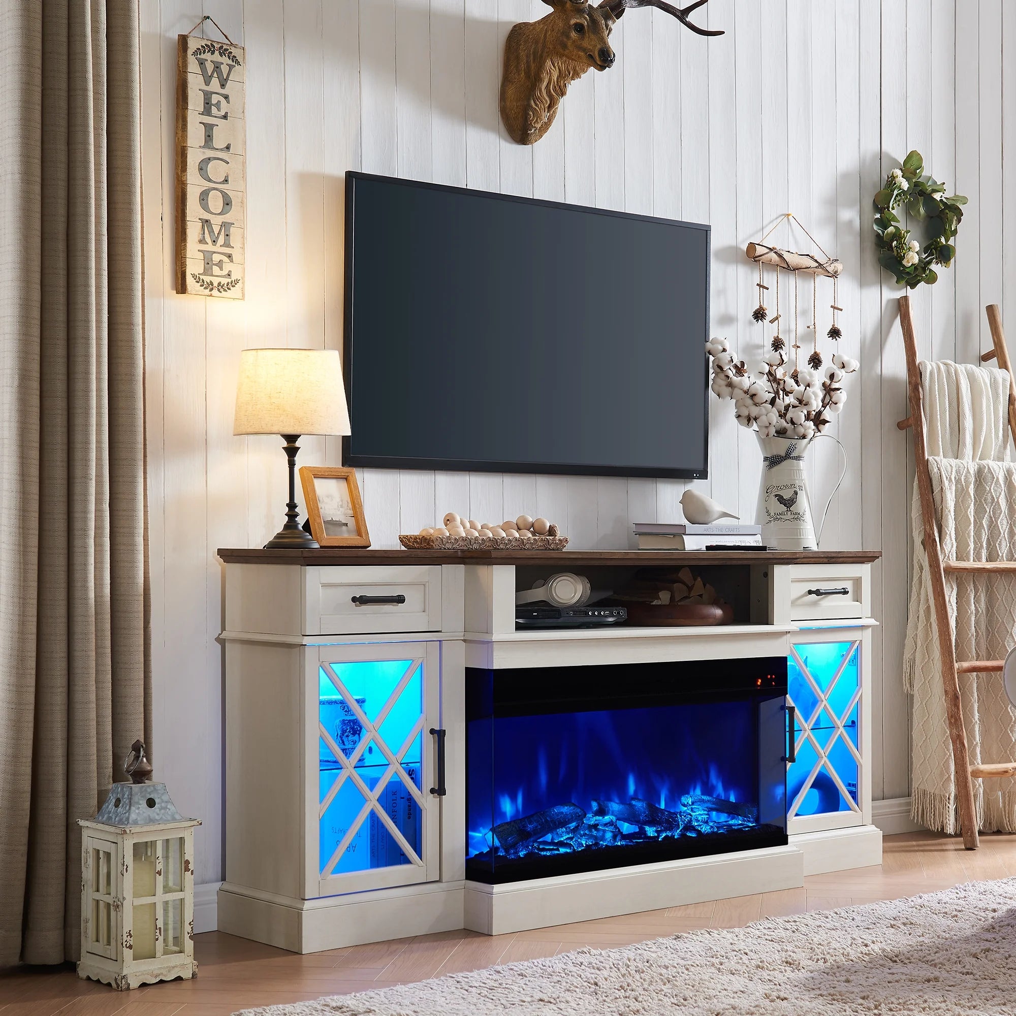 Farmhouse 3-Sided Electric Fireplace TV Stand for 80" TVs, 70" Entertainment Center with Storage Drawers in Antique White