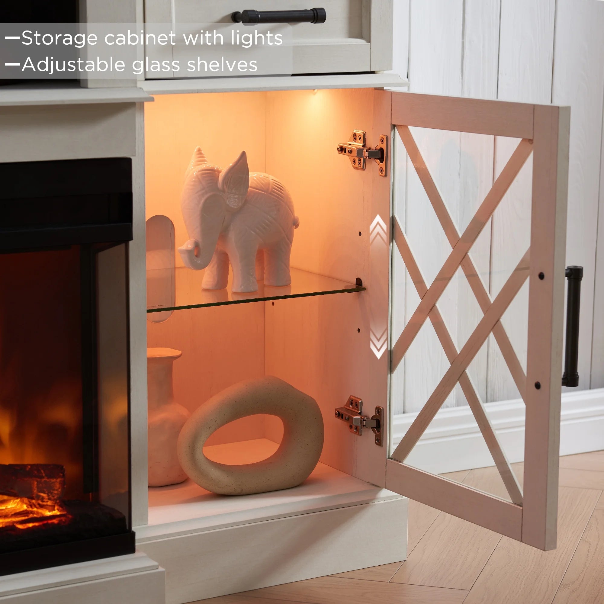 Farmhouse 3-Sided Electric Fireplace TV Stand for 80" TVs, 70" Entertainment Center with Storage Drawers in Antique White