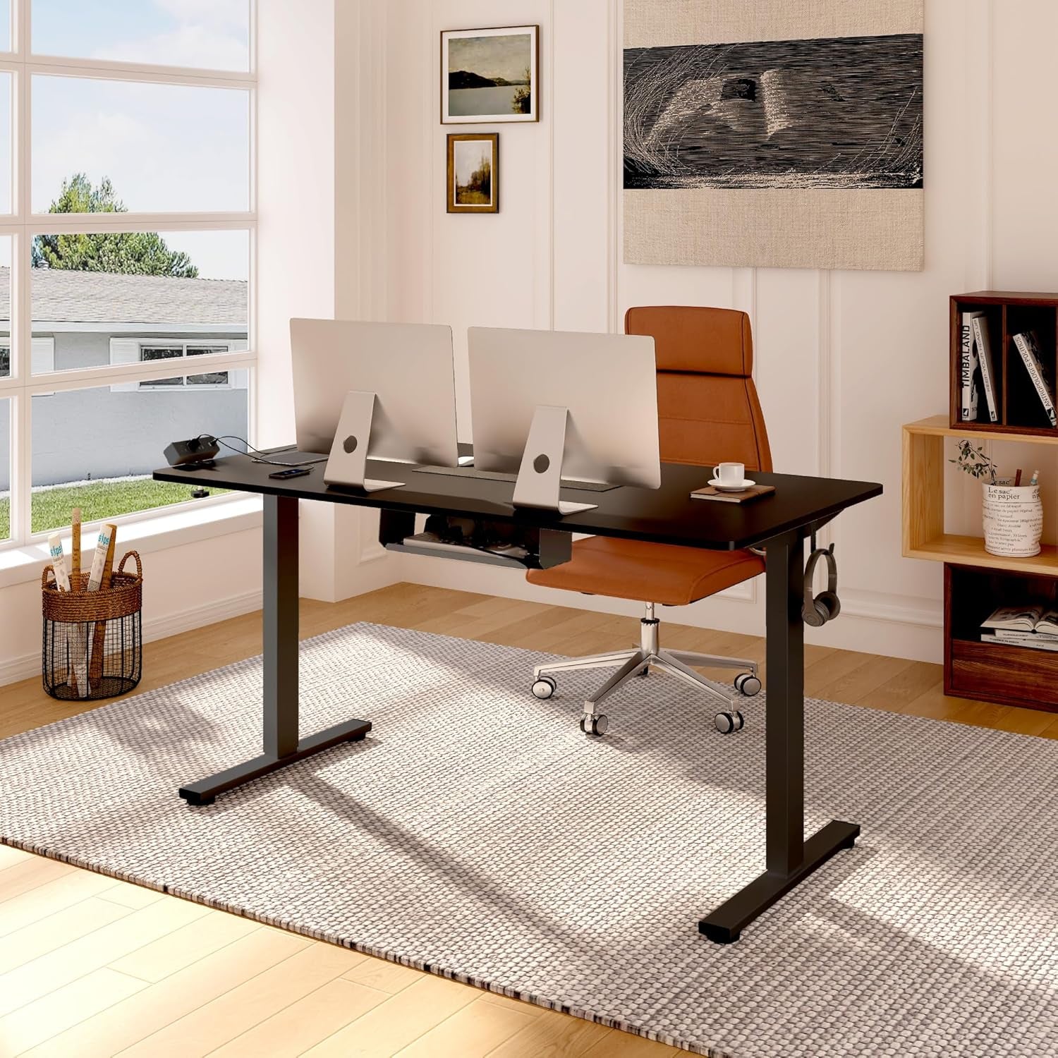 EN2 Whole-Piece Standing Desk with Clamp Power Strip, 48X30 Electric Stand up Height Adjustable Desk with Cable Management (Black Frame + Black Top, 2 Packages)