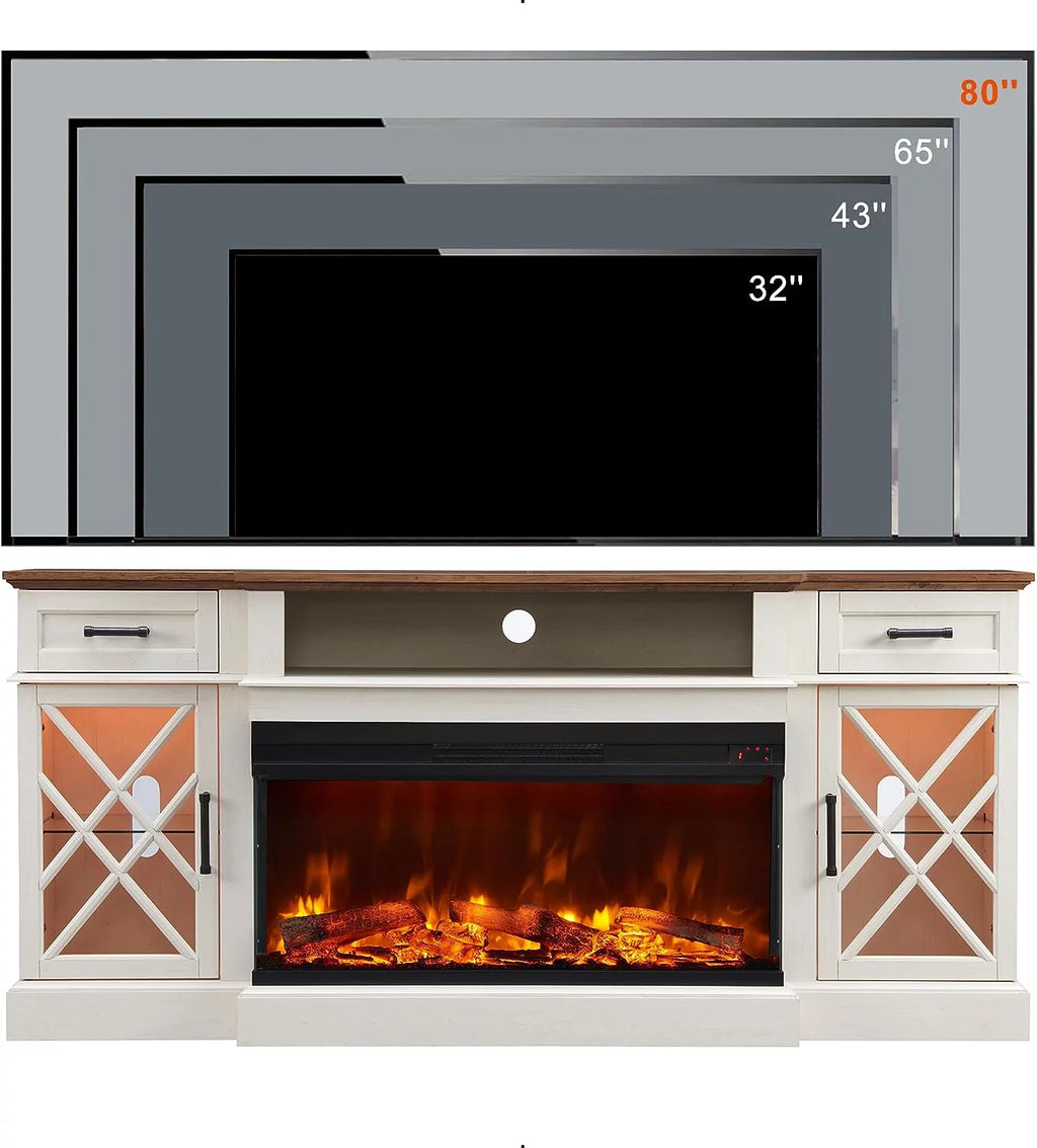 Farmhouse 3-Sided Electric Fireplace TV Stand for 80" TVs, 70" Entertainment Center with Storage Drawers in Antique White