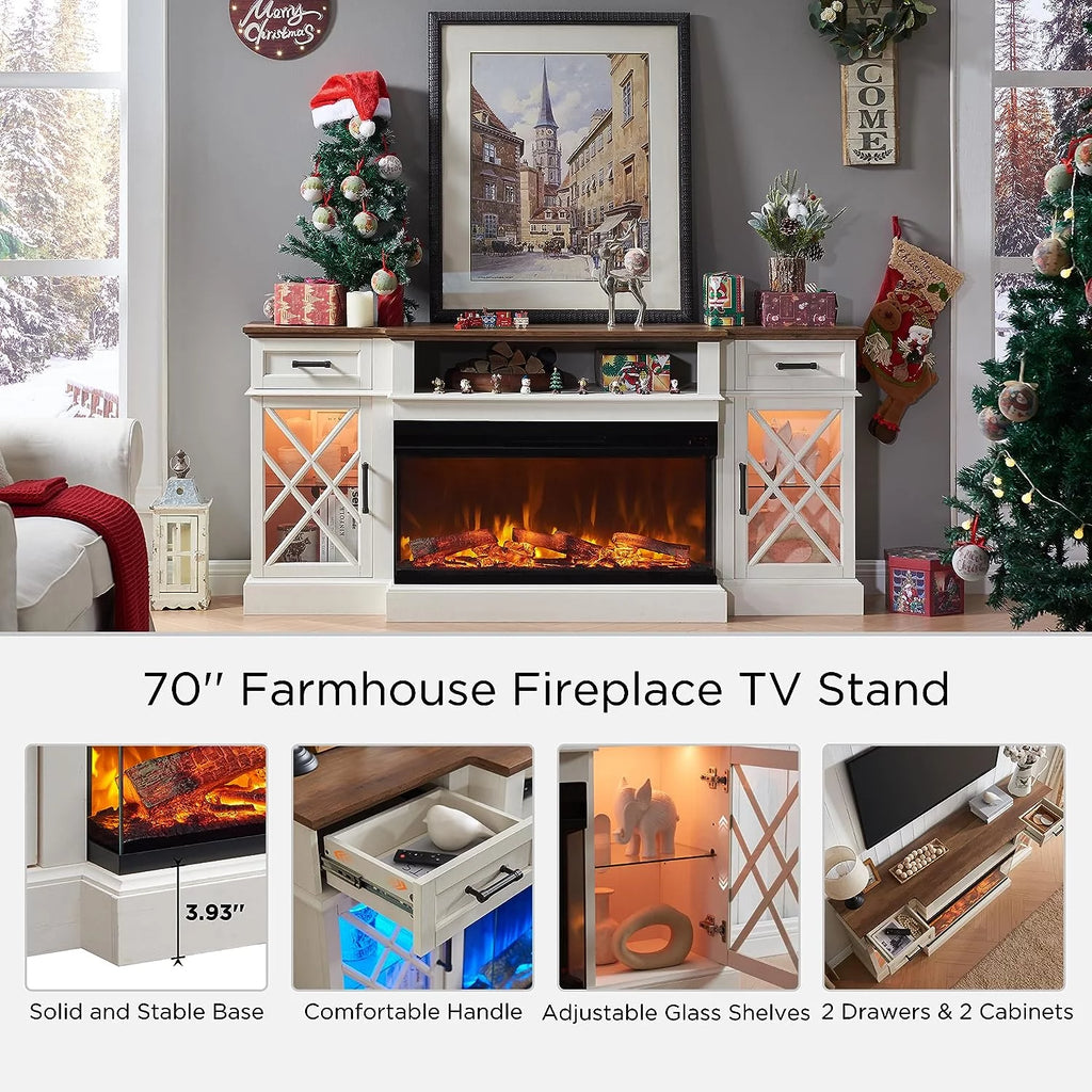 Farmhouse 3-Sided Electric Fireplace TV Stand for 80" TVs, 70" Entertainment Center with Storage Drawers in Antique White