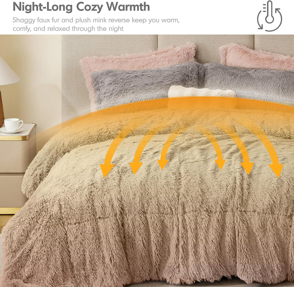 Malea Shaggy Comforter Set, Long Faux Fur Cozy down Alternative, Modern Casual Ultra Soft All Season Fluffy Bedding with Matching Sham, King/Cal King, Grey 3 Piece