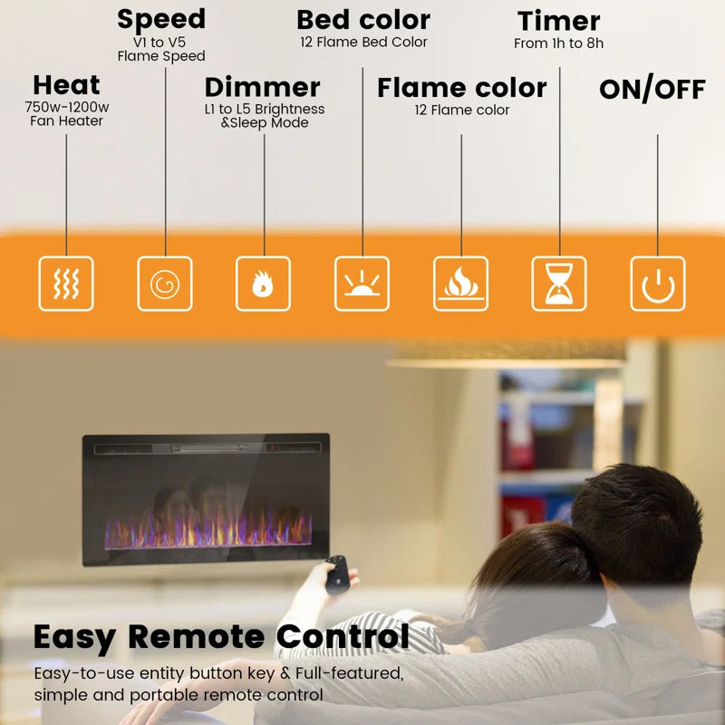 Alais Ultra-Thin Silence Linear Electric Fireplace, Recessed Wall Mounted Fireplace,12 Adjustable Flame Color & Speed,Touch Screen Remote Control with 8H Timer