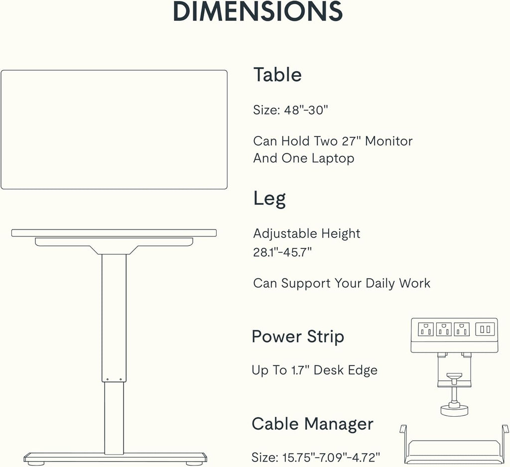 EN2 Whole-Piece Standing Desk with Clamp Power Strip, 48X30 Electric Stand up Height Adjustable Desk with Cable Management (Black Frame + Black Top, 2 Packages)