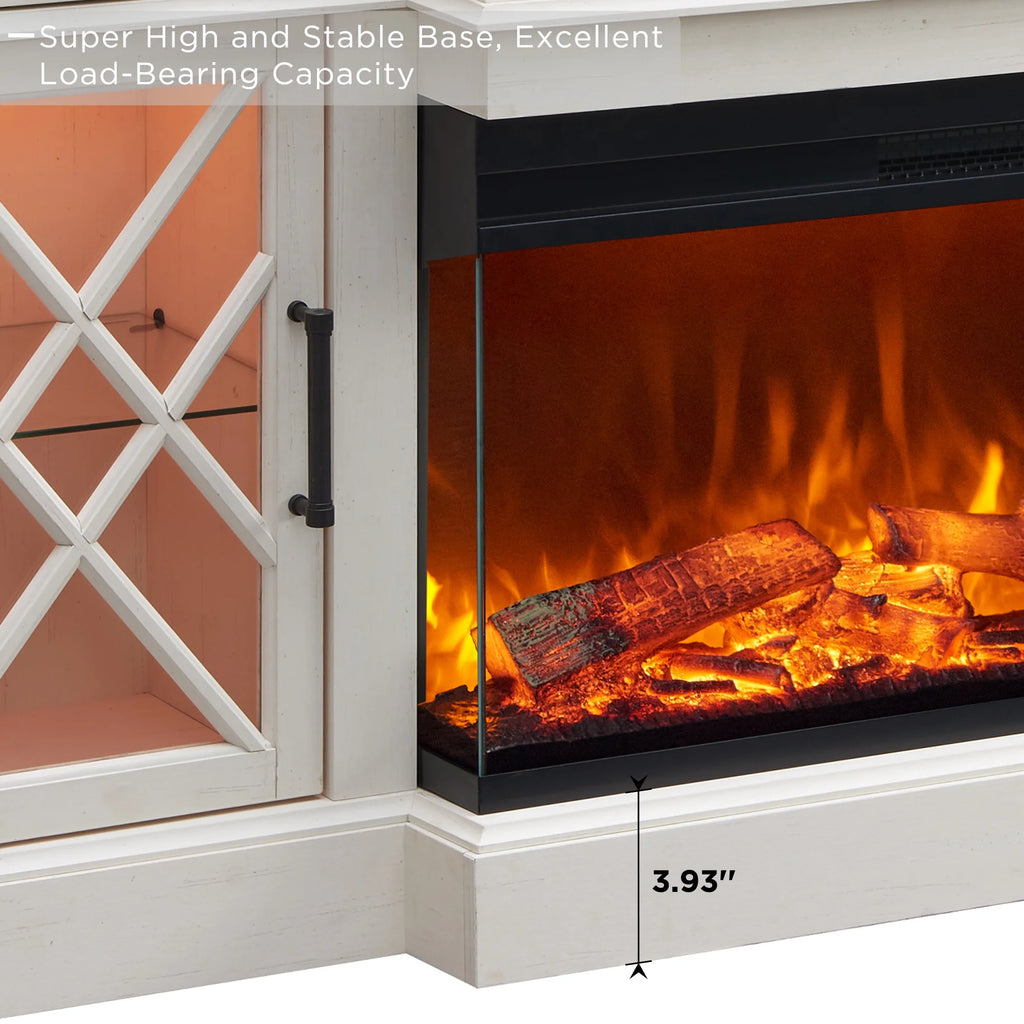 Farmhouse 3-Sided Electric Fireplace TV Stand for 80" TVs, 70" Entertainment Center with Storage Drawers in Antique White
