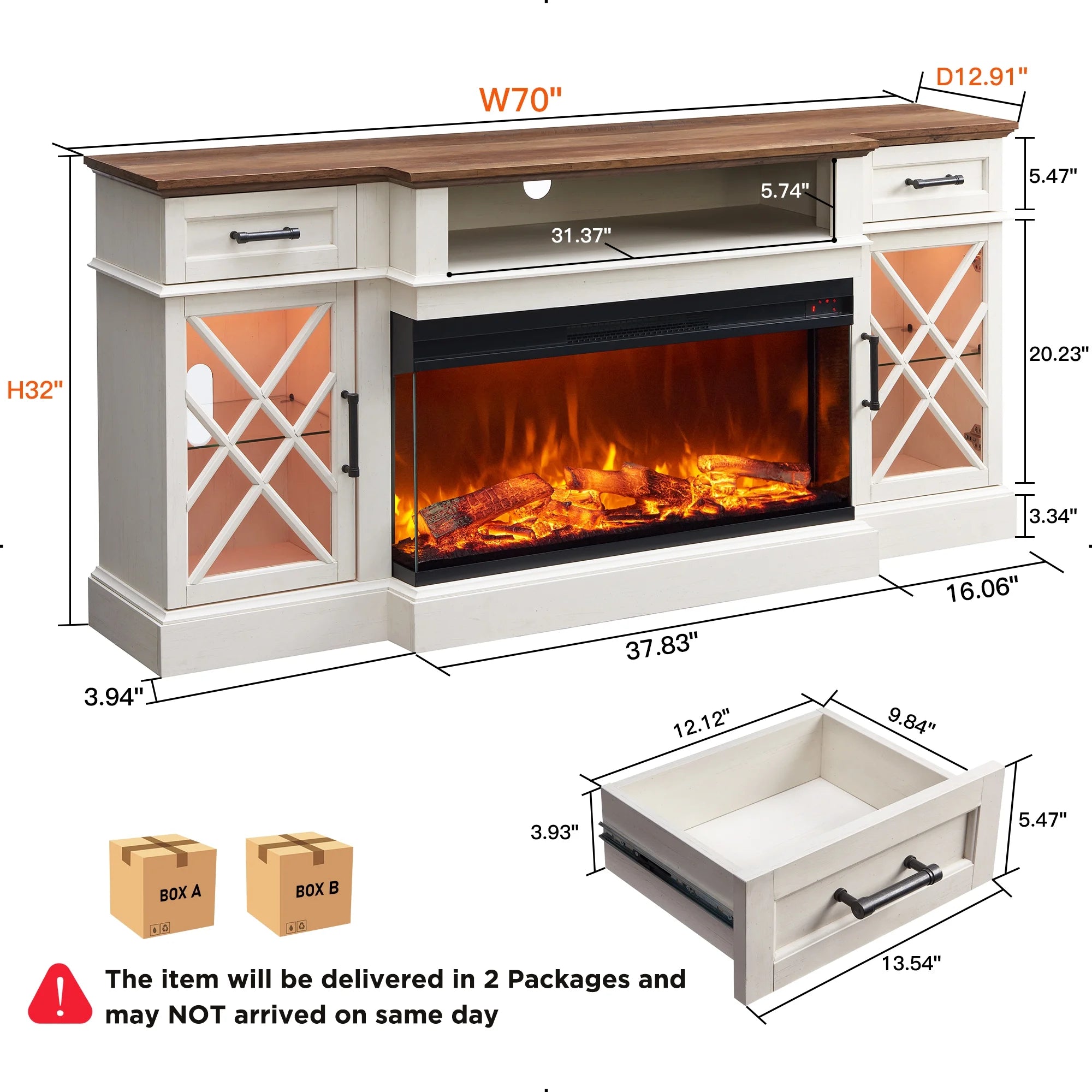 Farmhouse 3-Sided Electric Fireplace TV Stand for 80" TVs, 70" Entertainment Center with Storage Drawers in Antique White
