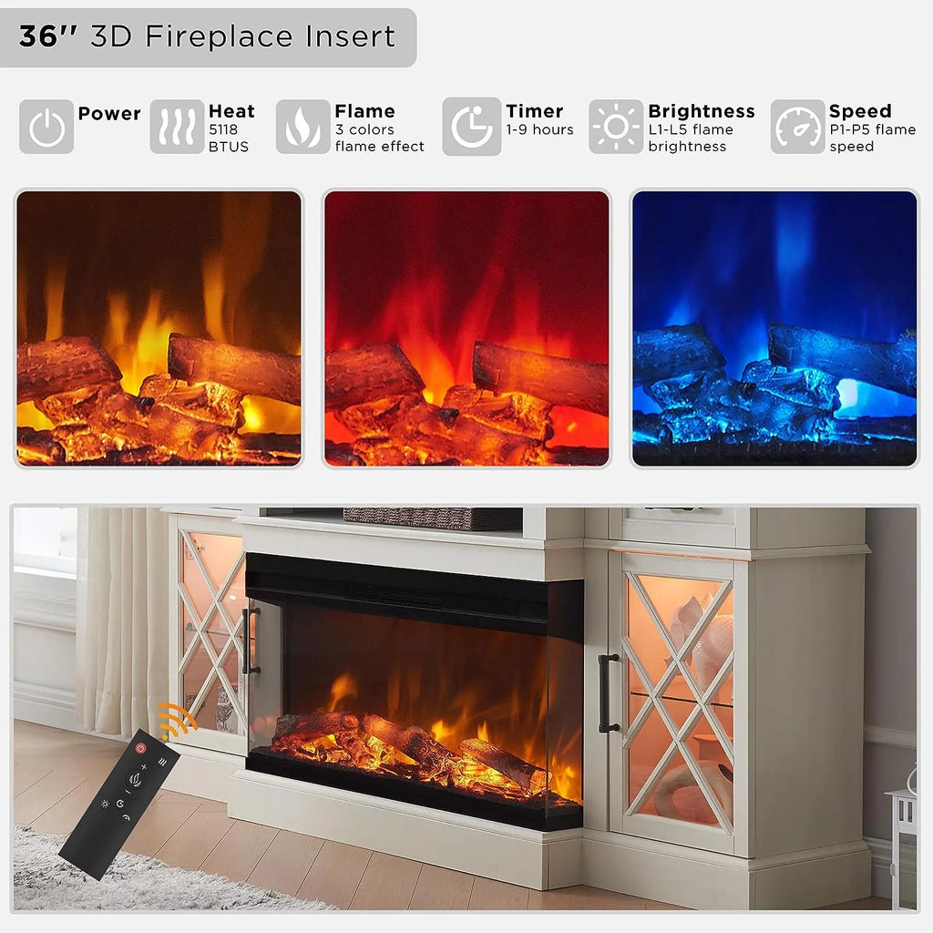 Farmhouse 3-Sided Electric Fireplace TV Stand for 80" TVs, 70" Entertainment Center with Storage Drawers in Antique White