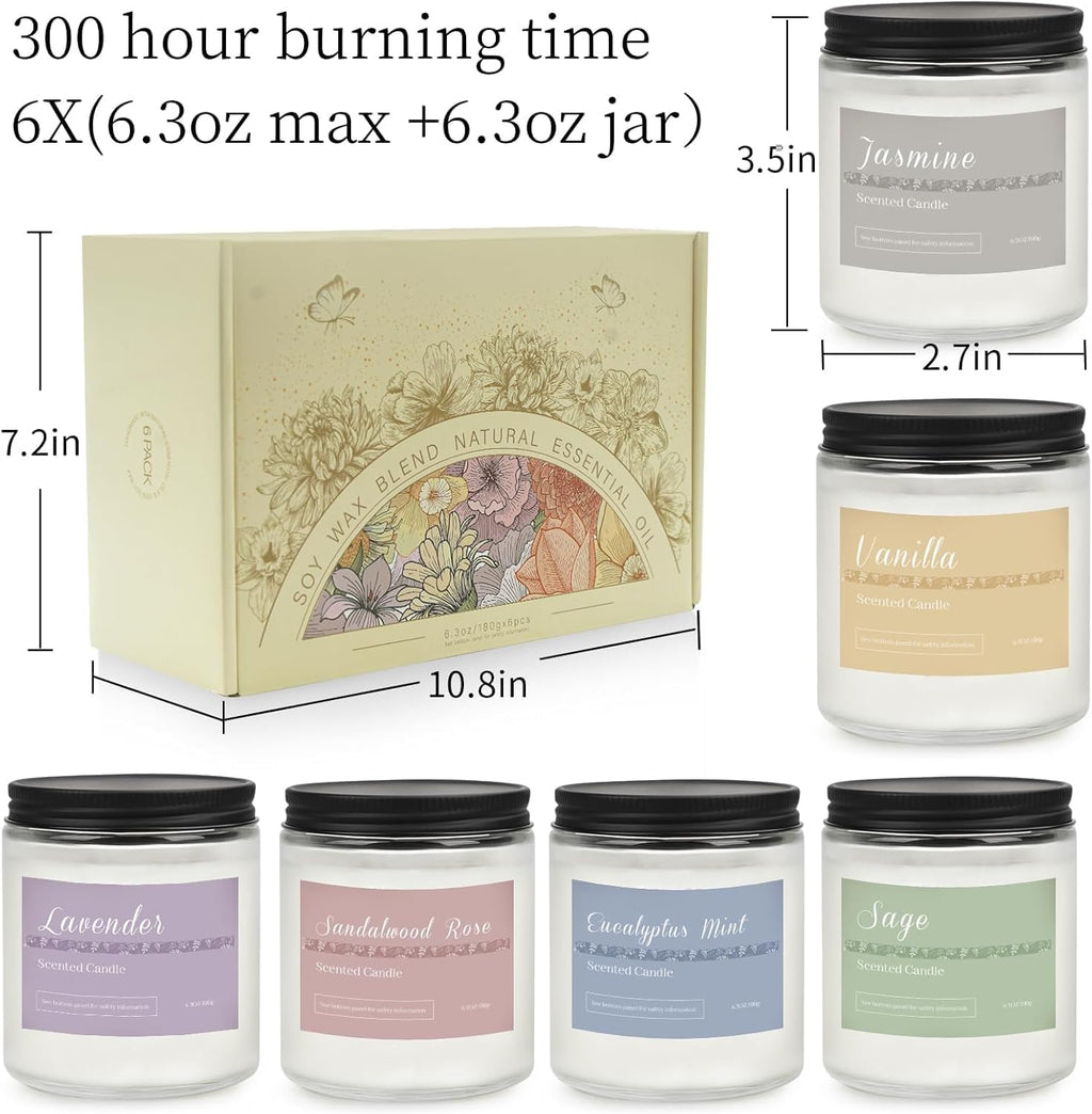 6 Pack Scented Candles Gift Set, Long Lasting Aromatherapy Candles for Home, 37.8 Oz 300 Hour Burn, Lavender Jasmine Vanilla Sage Sandalwood Rose Eucalyptus Mint, Gifts for Women