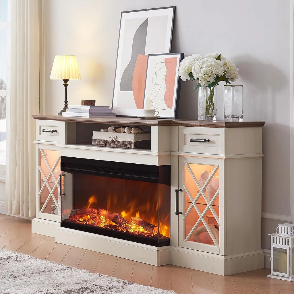 Farmhouse 3-Sided Electric Fireplace TV Stand for 80" TVs, 70" Entertainment Center with Storage Drawers in Antique White