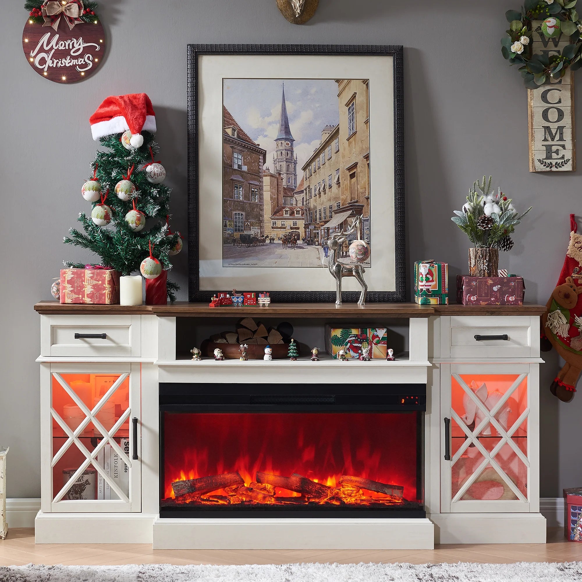 Farmhouse 3-Sided Electric Fireplace TV Stand for 80" TVs, 70" Entertainment Center with Storage Drawers in Antique White